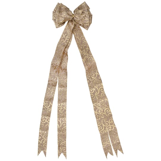 48" x 10" Burlap and Gold Scroll 16 Loop Christmas Bow Decoration By Northlight in Brown | Michaels®